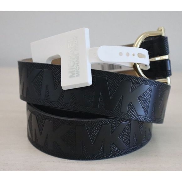 Michael Kors 29556187C 001 Women's Sz S Black Leather Textured MK Logo Belt - Picture 3 of 8
